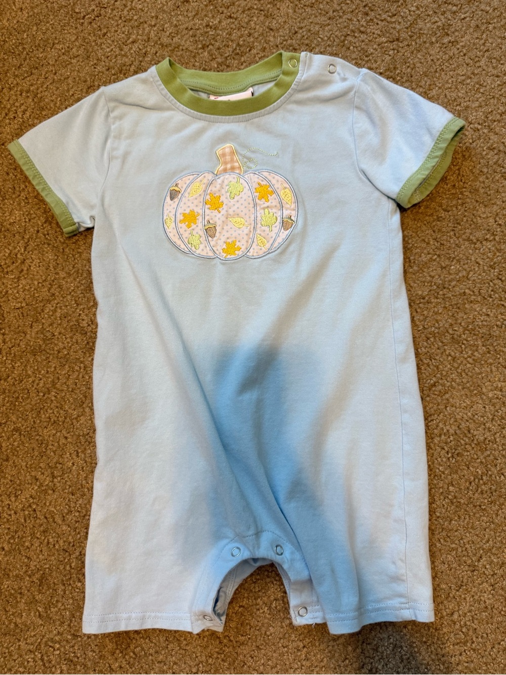 Fall Light Blue Romper with Green Trim and Pumpkin Applique